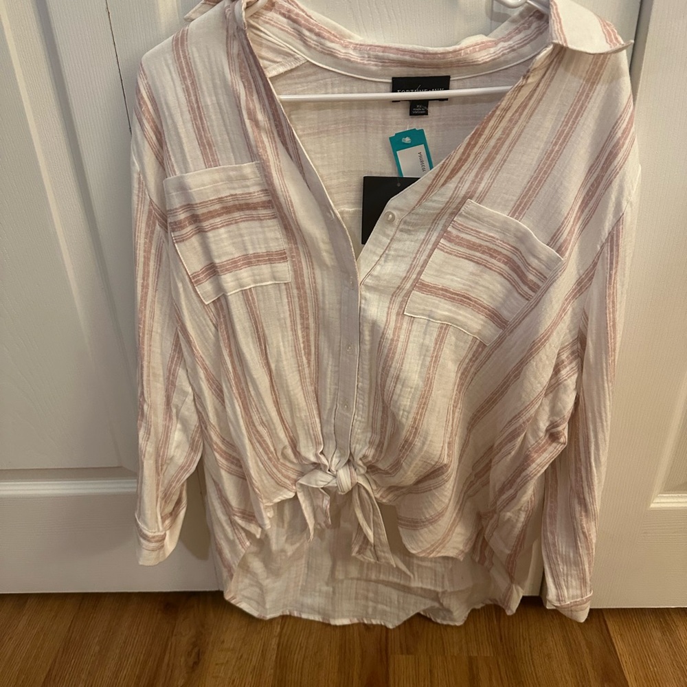 Striped Button-Up Tie-Front Top - Pink and White